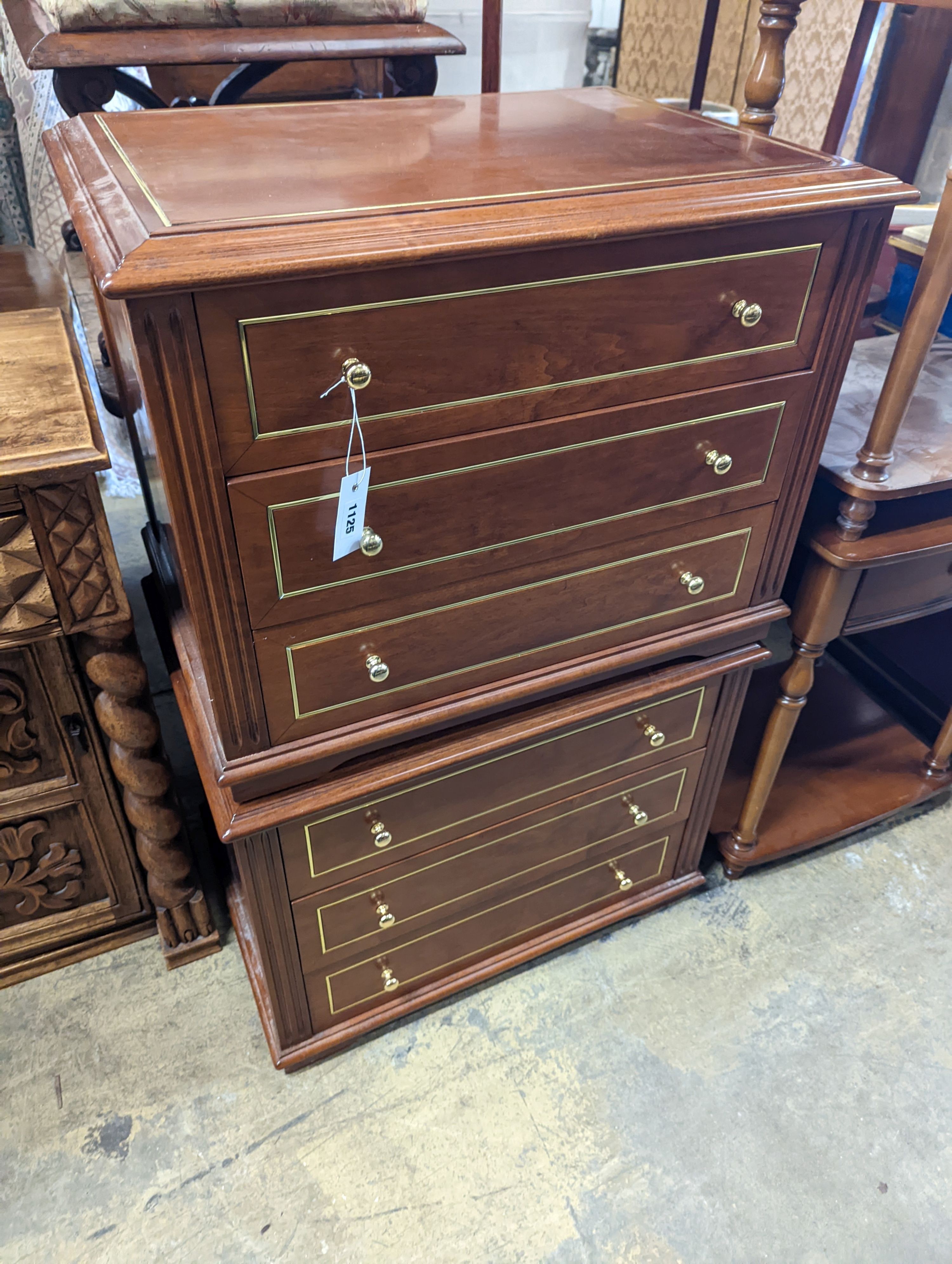 A pair of contemporary brass inlaid cherry bedside chests, width 65cm, depth 45cm, height 50cm